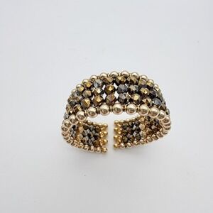 Gold Tone Beaded Cuff Bracelet Wide Faceted Metallic Womens Fashion Jewelry